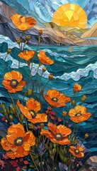 A painting of a field of orange flowers with a blue sky and a sun in the background. The flowers are scattered throughout the painting, with some in the foreground and others in the background