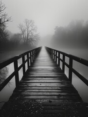 A bridge over a body of water with fog in the background. The bridge is wooden and he is old