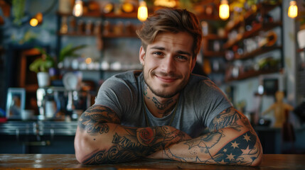 Smiling young man with tattoos leaning on hands at a bar.