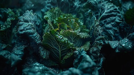   A tight shot of lettuce with dewdrops clinging to its leaves - obrazy, fototapety, plakaty