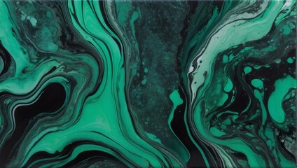 Emerald Black Acrylic Pour, Liquid Marble Abstract Surfaces, Shifting Emerald Green. - obrazy, fototapety, plakaty