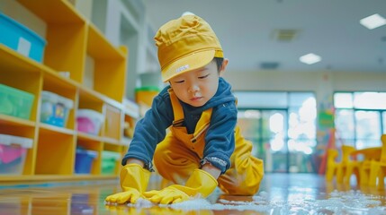 Kindergarten janitor mopping the vibrant floor of a colorful preschool classroom