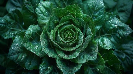 Obraz premium A tight shot of a lush green plant, adorned with water droplets on its foliage, and a prominent wet center