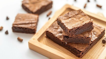 Tasty stack of homemade chocolate brownie pieces on wooden plate white background. AI generated