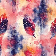 Seamless pattern of watercolor textures with boho feathers and arrows, set against a backdrop of sunset hues. Seamless Pattern, Fabric Pattern, Tumbler Wrap, Mug Wrap.