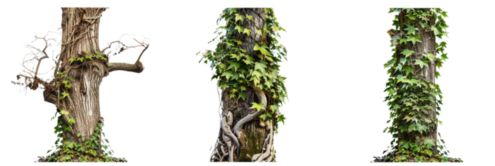 set of tree trunks covered with ivy, depicting the gradual takeover by creeping vines, isolated on transparent background