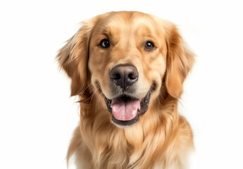 Golden Retriever is shiny golden fur and affable expression suggest a well-cared and gentle nature. The dog appears relaxed and attentive, set against a clean, white background.