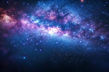 Cosmic Vista of a Star-Forming Nebula Illuminated in Vibrant Hues of Purple and Pink. A dark night sky with the Milky Way galaxy visible, stars scattered across its surface. 