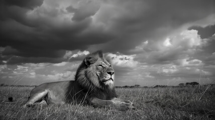 Black and white photography of the Lion taken on safari, dark with clouds
