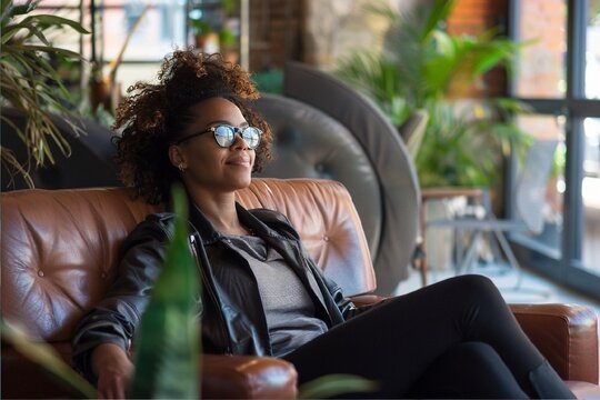 Stunning high resolution photos of a business multi-ethnic woman relaxing during a break between work in her modern office.Business