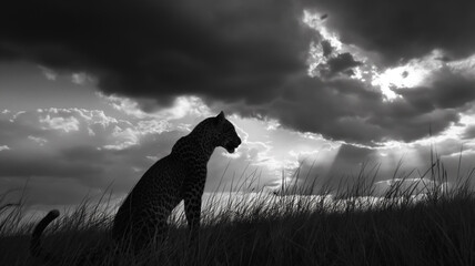 Black and white photography of the leopard taken on safari, dark with clouds. Animal photography.