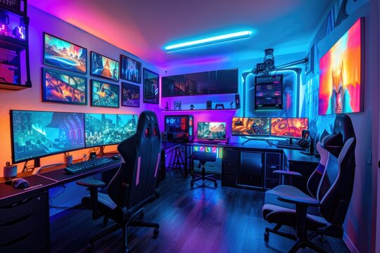 An immersive gaming station with a high-tech chair and monitor setup, illuminated by dynamic neon lighting.