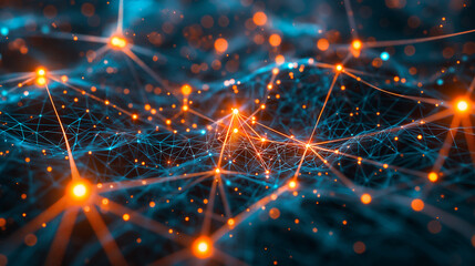 Complex Network Connections with Glowing Nodes. An intricate web of connections with glowing nodes illustrates a network, symbolizing connectivity, data science, and the internet. - obrazy, fototapety, plakaty