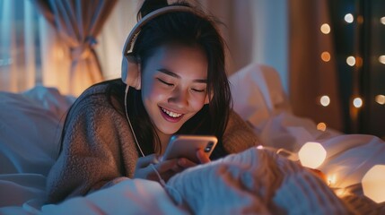 Portrait happy smiling Asian girl lying on bed holding a smartphone to listening music. AI generated
