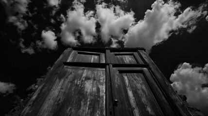 Black and white photography of the vintage door, dark with clouds. Landscapes photography