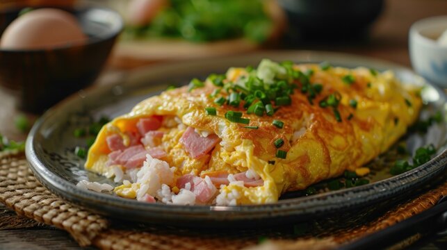 Tasty homemade japanese scrambled eggs omelette with ham on hot rice on plate. AI generated image