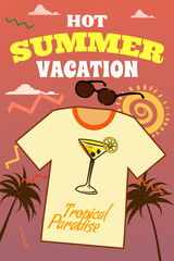 Summer T-shirt and apparel design poster retro, classical cocktail drinks glass, ocean coast, palms