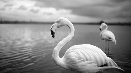 Close-up Black and white photography of the flamingo taken on water, dark with clouds. Animal...