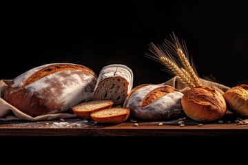 Assortment of baked bread. Freshly baked bread . Variety of bread on a wooden table. Bakery background. Bakery concept with copy space.