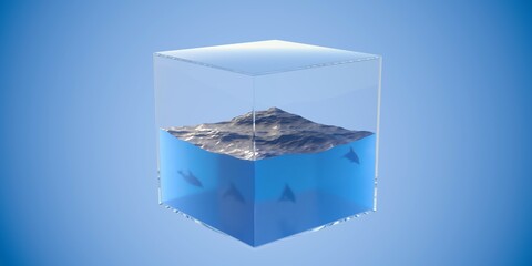 Part of ocean or sea water with waves cut out in cube over blue background, nature, ecology or environment protection concept
