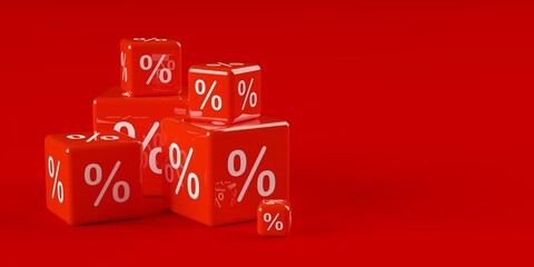 Different sized stacked red cubes or dice with percent sign symbol on red background, sale, discount or sales price reduction concept