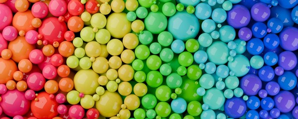Gradient heap of colourful spectrum or rainbow colored spheres or balls from red to green and blue, color, education or playing concept background