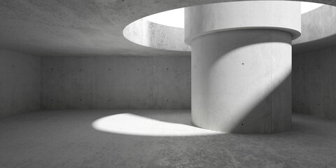 Abstract empty, modern concrete room with large round pillar and ceiling opening and rough floor - industrial interior background template