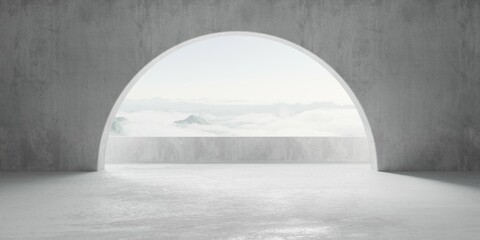 Abstract empty, modern concrete room with round opening in the back wall with balcony and cloudy mountain view - industrial interior background template - obrazy, fototapety, plakaty