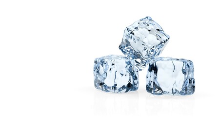 Three stacked ice cubes on white background with reflection and copy space
