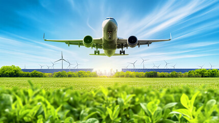 Sustainable aviation fuel concept of flight running on biofuel green energy with a landscape of solar panels and wind turbines