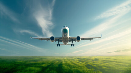 Sustainable aviation fuel concept of flight running on biofuel green energy