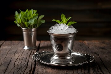 Classic silver julep cup with crushed ice and fresh mint - obrazy, fototapety, plakaty
