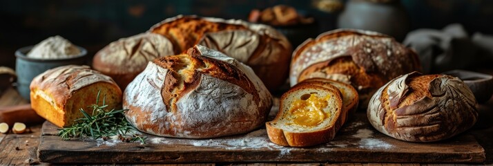 Assortment of baked bread. Freshly baked bread . Variety of bread on a wooden table. Bakery background. Bakery concept with copy space.