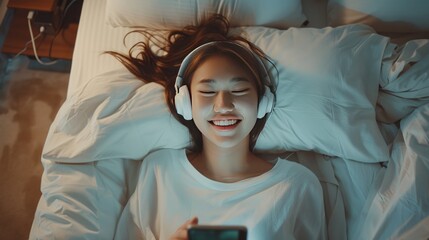 Portrait happy smiling Asian girl lying on bed holding a smartphone to listening music. AI generated
