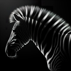 Black background Rim light Zebra t in profile photography, with the light shining on its fur