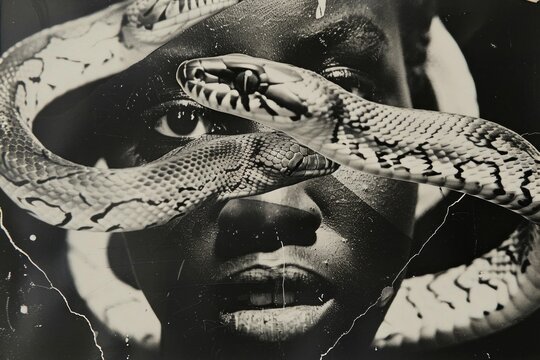 Man with snake wrapped around face and neck in dramatic black and white photo pose