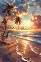 Beach with palm trees, the sun is setting. photorealism: dd856cf7-8951-40d6-b0b2-65e54946b192