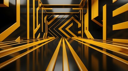 3d rendering of yellow and black abstract geometric background. Scene for advertising, technology, showcase, banner, game, sport, cosmetic, business, metaverse. Sci-Fi Illustration. Product display