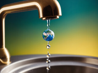 Water drop shaped like planet Earth, water dripping from tap, natural resources conservation concept