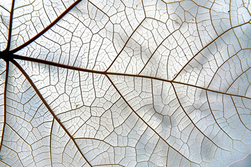 Leaf structure, transparent leaf background with gray veins and cells, light pastel colors. Macro.