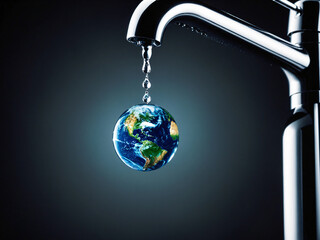 Water dripping from tap, water drop shaped like planet Earth, concept of environmental conservation issues