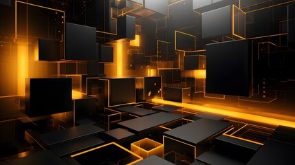 3d rendering of yellow and black abstract geometric background. Scene for advertising, technology,...
