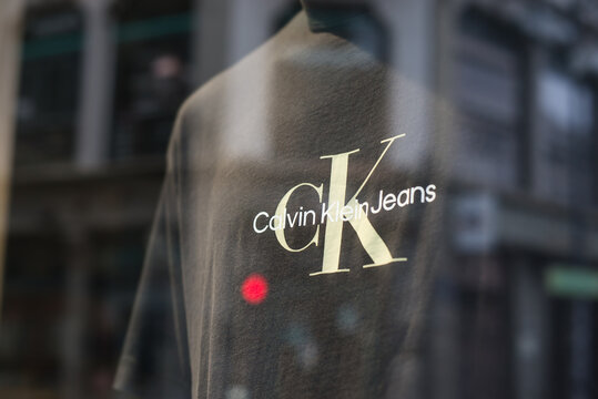 Mulhouse - France - 21 April 2024 - Closeup of grey calvin Klein tee-shirt on mannequin in a fashion store showroom
