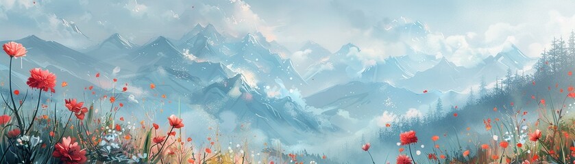 A digital watercolor by AI serene, flowers, mountain, cloud, sky