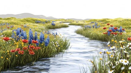 A river runs through a field of flowers, with a blue and white riverbank