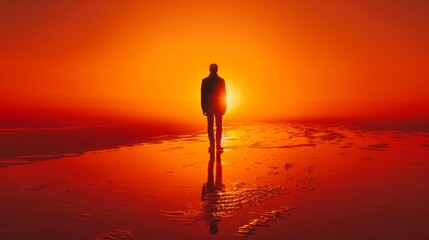 A man standing on a beach at sunset with the sun behind him, AI