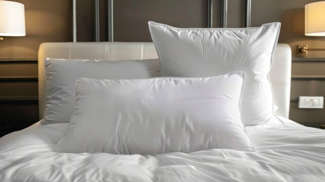 Luxury bedroom interior of white bedding and pillow in hotel room. AI generated image