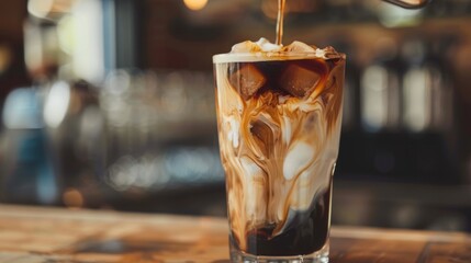Fresh a glass of ice coffee latte mix milk drink on a wooden table. AI generated image