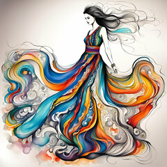 ink drawing of beautiful woman in colorful flowing dress