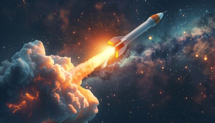 Rocket launching into space, representing breakthrough innovation and reaching new heights - obrazy, fototapety, plakaty